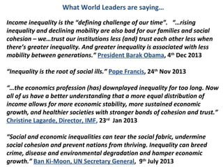 What World Leaders are saying…
Income inequality is the “defining challenge of our time”. “…rising
inequality and declining mobility are also bad for our families and social
cohesion – we…trust our institutions less (and) trust each other less when
there’s greater inequality. And greater inequality is associated with less
mobility between generations.” President Barak Obama, 4th
Dec 2013
“Inequality is the root of social ills.” Pope Francis, 24th
Nov 2013
“…the economics profession (has) downplayed inequality for too long. Now
all of us have a better understanding that a more equal distribution of
income allows for more economic stability, more sustained economic
growth, and healthier societies with stronger bonds of cohesion and trust.”
Christine Lagarde, Director, IMF, 23rd
Jan 2013
“Social and economic inequalities can tear the social fabric, undermine
social cohesion and prevent nations from thriving. Inequality can breed
crime, disease and environmental degradation and hamper economic
growth.” Ban Ki-Moon, UN Secretary General, 9th
July 2013
 