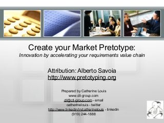 Create your Market Pretotype:
Innovation by accelerating your requirements value chain
Attribution: Alberto Savoia
http://www.pretotyping.org
Prepared by Catherine Louis
www.cll-group.com
cll@cll-group.com - email
catherinelouis - twitter
http://www.linkedin/in/catherinelouis - linkedin
(919) 244-1888
 