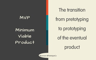 @Lionzan @PretotypeCo
The transition
from pretotyping
to prototyping
of the eventual
product
MVP
Minimum
Viable
Product
 