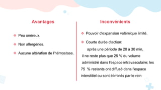  Peu onéreux.
 Non allergènes.
 Aucune altération de l'hémostase.
 Pouvoir d'expansion volémique limité.
 Courte durée d'action:
après une période de 20 à 30 min,
il ne reste plus que 25 % du volume
administré dans l'espace intravasculaire; les
75 % restants ont diffusé dans l'espace
interstitiel ou sont éliminés par le rein
Inconvénients
Avantages
 