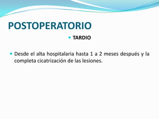 En las cirugías menores dura entre 2 a 4 días, en las cirugías mayores se prolonga hasta 1 semana a 10POSTOPERATORIOTARDIODesde el alta hospitalaria hasta 1 a 2 meses después y la completa cicatrización de las lesiones.