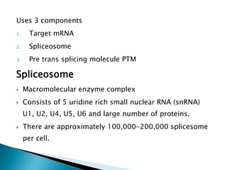 Uses 3 components
1. Target mRNA
2. Spliceosome
3. Pre trans splicing molecule PTM
Spliceosome
 Macromolecular enzyme complex
 Consists of 5 uridine rich small nuclear RNA (snRNA)
U1, U2, U4, U5, U6 and large number of proteins.
 There are approximately 100,000-200,000 splicesome
per cell.
 