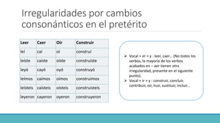 Irregularidades por cambios
consonánticos en el pretérito
Leer Caer Oír Construir
leí caí oí construí
leíste caíste oíste construiste
leyó cayó oyó construyó
leímos caímos oímos construimos
leísteis caísteis oísteis construisteis
leyeron cayeron oyeron construyeron
 Vocal + er > y : leer, caer... (No todos los
verbos, la mayoría de los verbos
acabados en – aer tienen otra
irregularidad, presente en el siguiente
punto).
 Vocal + ir > y : construir, concluir,
contribuir, oír, huir, sustituir, incluir...
 
