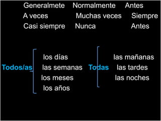 Generalmete    Normalmente     Antes           A vecesMuchasveces     SiempreCasisiempre     Nunca                  Anteslosdías                       las mañanas  Todos/as    las semanas   Todas    las tardes los meses                     las nocheslosaños