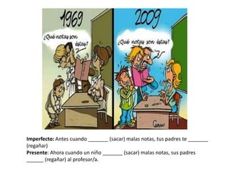 Imperfecto: Antes cuando _______ (sacar) malas notas, tus padres te _______
(regañar)
Presente: Ahora cuando un niño _______ (sacar) malas notas, sus padres
______ (regañar) al profesor/a.
 