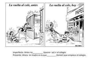 Imperfecto: Antes no_________ (querer- yo) ir al colegio
Presente: Ahora mi madre es la que________ (temer) que empiece el colegio.
 