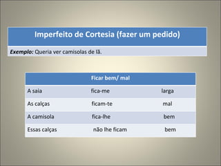 Imperfeito de Cortesia (fazer um pedido)
Exemplo: Queria ver camisolas de lã.



                               Ficar bem/ mal

      A saia                   fica-me          larga

      As calças                 ficam-te        mal

      A camisola                fica-lhe        bem

      Essas calças              não lhe ficam    bem
 
