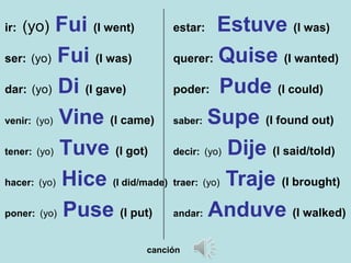 ir: (yo) Fui (I went)
ser: (yo) Fui (I was)
dar: (yo) Di (I gave)
venir: (yo) Vine (I came)
tener: (yo) Tuve (I got)
hacer: (yo) Hice (I did/made)
poner: (yo) Puse (I put)
estar: Estuve (I was)
querer: Quise (I wanted)
poder: Pude (I could)
saber: Supe (I found out)
decir: (yo) Dije (I said/told)
traer: (yo) Traje (I brought)
andar: Anduve (I walked)
canción
 