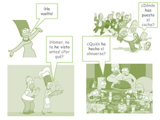 ¿Dónde has puesto el coche?¡He vuelto!¿Quién ha hecho el almuerzo?¡Homer, no te he visto antes! ¿Por qué?