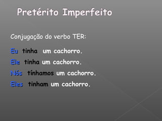 Conjugação do verbo TER:
EuEu tinha um cachorro.
EleEle tinha um cachorro.
NósNós tínhamos um cachorro.
ElesEles tinham um cachorro.
 