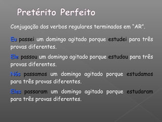 Conjugação dos verbos regulares terminados em “AR”.
EuEu passei um domingo agitado porque estudei para três
provas diferentes.
EleEle passou um domingo agitado porque estudou para três
provas diferentes.
NósNós passamos um domingo agitado porque estudamos
para três provas diferentes.
ElesEles passaram um domingo agitado porque estudaram
para três provas diferentes.
 