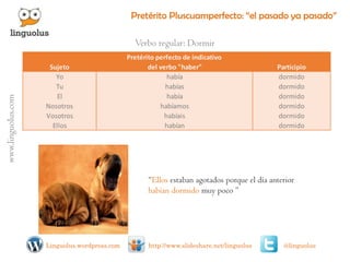 Pretérito Pluscuamperfecto: “el pasado ya pasado” 
www.linguolus.com 
@linguolus 
http://www.slideshare.net/linguolus 
Linguolus.wordpress.com 
Verbo regular: Dormir 
“Ellosestaban agotados porque el día anterior habían dormido muy poco ” SujetoPretérito perfecto de indicativo del verbo "haber"ParticipioYohabíadormidoTuhabíasdormidoElhabíadormidoNosotroshabíamosdormidoVosotroshabíaisdormidoElloshabíandormido  