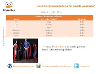 Pretérito Pluscuamperfecto: “el pasado ya pasado” 
www.linguolus.com 
Linguolus.wordpress.com http://www.slideshare.net/linguolus @linguolus 
Sujeto 
Pretérito perfecto de indicativo 
del verbo "haber" Participio 
Yo había dicho 
Tu habías dicho 
El había dicho 
Nosotros habíamos dicho 
Vosotros habíais dicho 
Ellos habían dicho 
“Yo nunca le había dicho a mi marido que en mi 
familia todos éramos superhéroes” 
Verbo irregular: Decir 
 