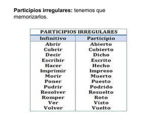 Participios irregulares: tenemos que
memorizarlos.
 