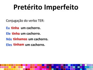 Pretérito Imperfeito
Conjugação do verbo TER:

Eu tinha um cachorro.
Ele tinha um cachorro.
Nós tínhamos um cachorro.
Eles tinham um cachorro.
 