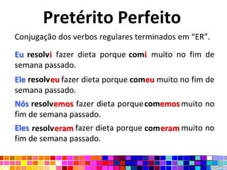 Pretérito Perfeito
Conjugação dos verbos regulares terminados em “ER”.

Eu resolvi fazer dieta porque comi muito no fim de
                              comi
semana passado.
Ele resolveu fazer dieta porque comeu muito no fim de
semana passado.
Nós resolvemos fazer dieta porque comemos
                                  comemosmuito no
fim de semana passado.
Eles resolveram fazer dieta porque comeram muito no
fim de semana passado.
 
