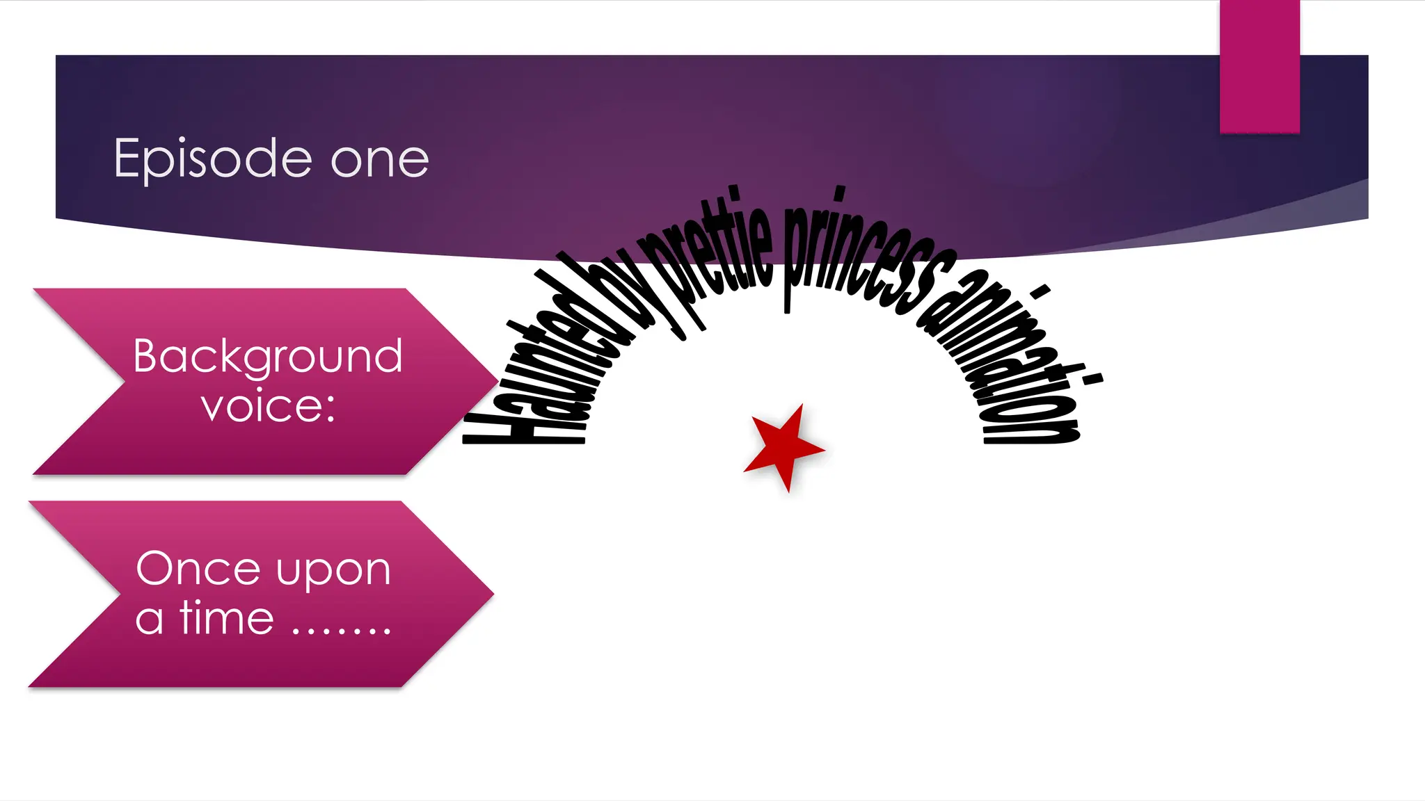 Episode one
Background
voice:
Once upon
a time …….
 