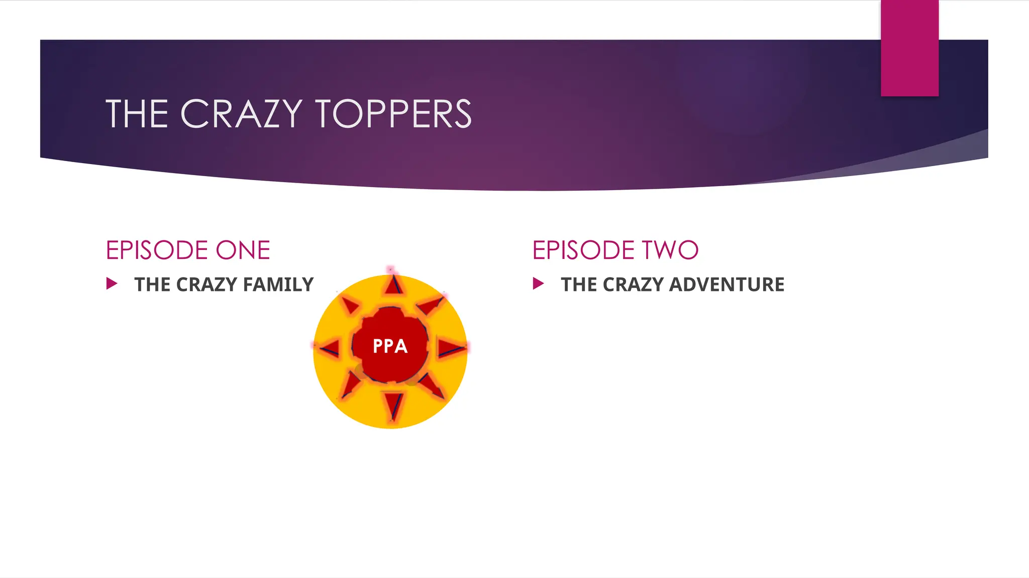 THE CRAZY TOPPERS
EPISODE ONE
 THE CRAZY FAMILY
EPISODE TWO
 THE CRAZY ADVENTURE
PPA
 