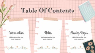 Notes
Elaborate on what you
want to discuss.
Introduction
Elaborate on what you
want to discuss.
Closing Pages
Elaborate on what you
want to discuss.
Table Of Contents
 