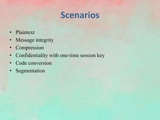 Scenarios
• Plaintext
• Message integrity
• Compression
• Confidentiality with one-time session key
• Code conversion
• Segmentation
 