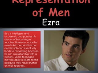 Ezra
Ezra is Intelligent and
academic and pursues his
dream of becoming a
teacher. However, once he
meets Aria he prioritises her
over his job and eventually
leads to his sacking because
he is in a relationship with a
student. Some teenagers
may be able to relate to this
because they have crushes
on their teachers.
 