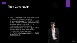 Toby Cavanaugh



Toby Cavanaugh is the older step-brother
of Jenna Marshalland boyfriend
of Spencer Hastings. He was briefly a part
of the A-Team, which he joined to protect
Spencer, and is a carpenter. Toby
recently learned that his mother
committed suicide, however, A gives him
evidence to say other wise. He was
portrayed by James Neate in
the Pilot and by Keegan Allensince "To Kill
A Mocking Girl."

 
