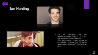 Ian Harding



Ian
M.
Harding
(16
de
septiembre de 1986) Es un actor
germano-estadounidense,
principalmente conocido por su
papel del profesor Ezra Fitz en la
serie original de ABC Pretty Little
Liars.

 