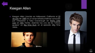 Keegan Allen


Keegan Allen (nacido en Hollywood, California el 22
de julio de 1989) es un actor estadounidense conocido
por interpretar a Toby Cavanaugh en Pretty Little
Liars en ABC Family. Además fue uno de los "chicos
guapos" en Big Time Rush en el episodio «Big Time
Jobs».

 