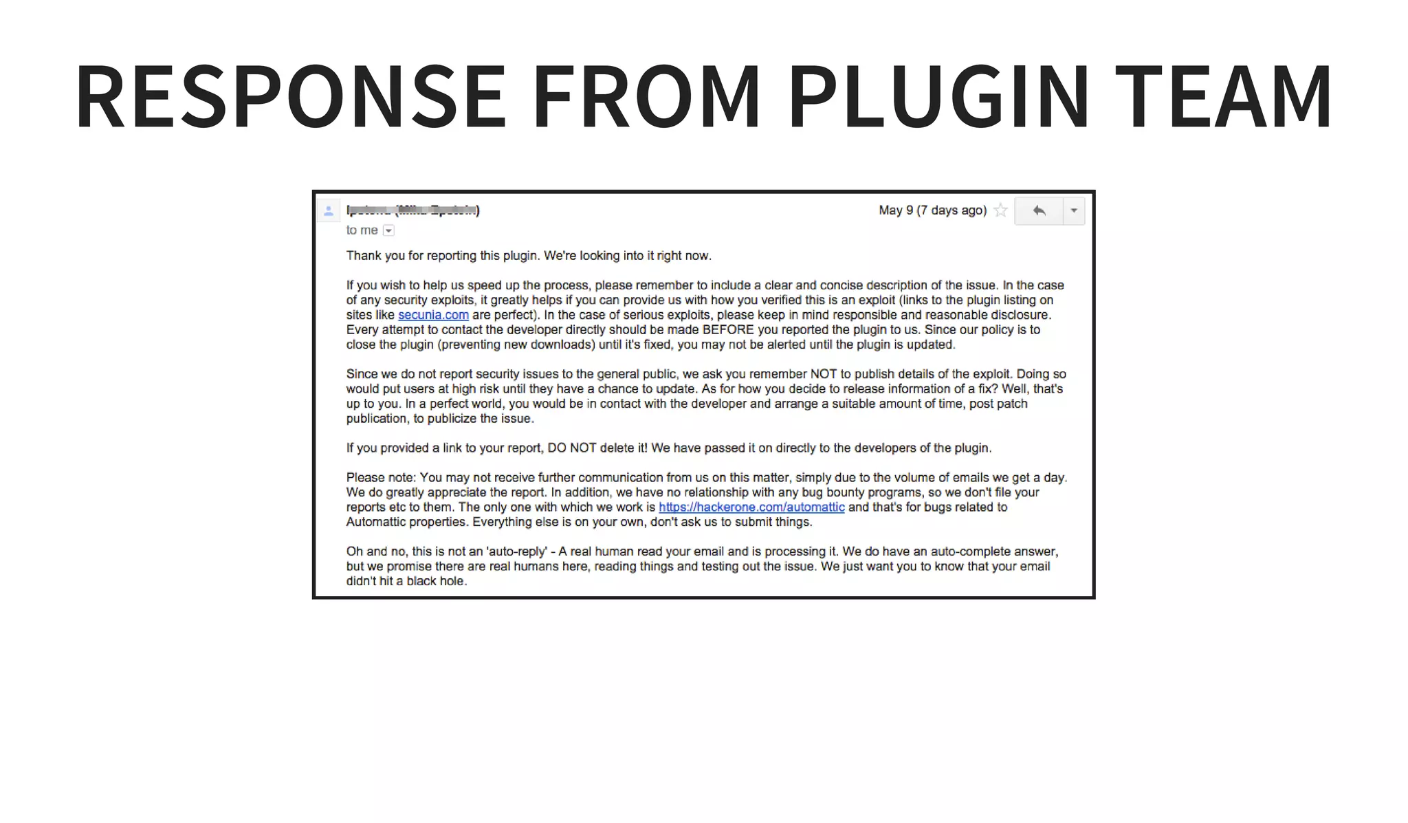 RESPONSE FROM PLUGIN TEAM
 