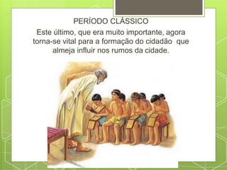 PERÍODO CLÁSSICO
Este último, que era muito importante, agora
torna-se vital para a formação do cidadão que
almeja influir nos rumos da cidade.
 