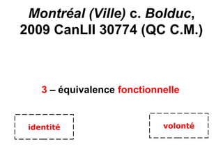 Montréal (Ville) c. Bolduc,
2009 CanLII 30774 (QC C.M.)
3 – équivalence fonctionnelle
volontéidentité
 