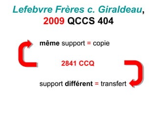 Lefebvre Frères c. Giraldeau,
2009 QCCS 404
même support = copie
2841 CCQ
support différent = transfert
 