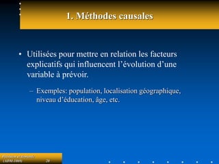 Prévision et demande
(ADM-1069) 20
1. Méthodes causales
• Utilisées pour mettre en relation les facteurs
explicatifs qui influencent l’évolution d’une
variable à prévoir.
– Exemples: population, localisation géographique,
niveau d’éducation, âge, etc.
 