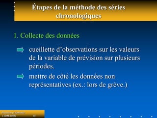 Prévision et demande
(ADM-1069) 38
Étapes de la méthode des séries
chronologiques
1. Collecte des données
cueillette d’observations sur les valeurs
de la variable de prévision sur plusieurs
périodes.
mettre de côté les données non
représentatives (ex.: lors de grève.)
 
