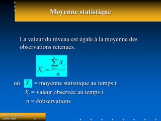 Prévision et demande
(ADM-1069) 44
Moyenne statistique
n
X
X
n
i
i
t


 1
La valeur du niveau est égale à la moyenne des
observations retenues.
où = moyenne statistique au temps t
Xi = valeur observée au temps i
n = #observations
t
X
 