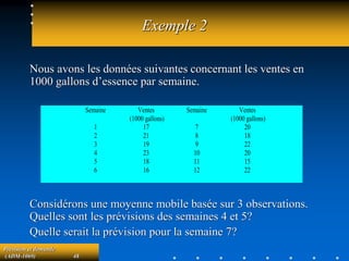 Prévision et demande
(ADM-1069) 48
Exemple 2
Nous avons les données suivantes concernant les ventes en
1000 gallons d’essence par semaine.
Considérons une moyenne mobile basée sur 3 observations.
Quelles sont les prévisions des semaines 4 et 5?
Quelle serait la prévision pour la semaine 7?
Semaine Ventes
(1000 gallons)
Semaine Ventes
(1000 gallons)
1 17 7 20
2 21 8 18
3 19 9 22
4 23 10 20
5 18 11 15
6 16 12 22
 