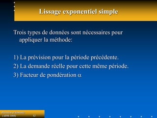 Prévision et demande
(ADM-1069) 52
Lissage exponentiel simple
Trois types de données sont nécessaires pour
appliquer la méthode:
1) La prévision pour la période précédente.
2) La demande réelle pour cette même période.
3) Facteur de pondération a
 