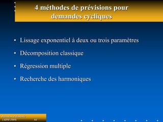 Prévision et demande
(ADM-1069) 64
4 méthodes de prévisions pour
demandes cycliques
• Lissage exponentiel à deux ou trois paramètres
• Décomposition classique
• Régression multiple
• Recherche des harmoniques
 