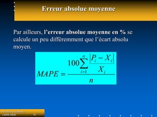 Prévision et demande
(ADM-1069) 70
Erreur absolue moyenne
Par ailleurs, l’erreur absolue moyenne en % se
calcule un peu différemment que l’écart absolu
moyen.
n
X
X
P
MAPE
n
i i
i
i



 1
100
 