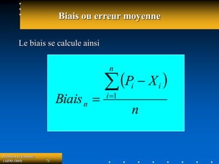 Prévision et demande
(ADM-1069) 73
Biais ou erreur moyenne
Le biais se calcule ainsi
 
n
X
P
Biais
n
i
i
i
n



 1
 