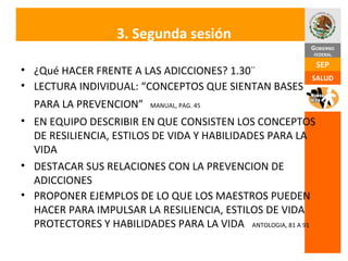 3. Segunda sesión ¿Qué HACER FRENTE A LAS ADICCIONES? 1.30¨ LECTURA INDIVIDUAL: “CONCEPTOS QUE SIENTAN BASES PARA LA PREVENCION”   MANUAL, PAG. 45 EN EQUIPO DESCRIBIR EN QUE CONSISTEN LOS CONCEPTOS DE RESILIENCIA, ESTILOS DE VIDA Y HABILIDADES PARA LA VIDA DESTACAR SUS RELACIONES CON LA PREVENCION DE ADICCIONES PROPONER EJEMPLOS DE LO QUE LOS MAESTROS PUEDEN HACER PARA IMPULSAR LA RESILIENCIA, ESTILOS DE VIDA PROTECTORES Y HABILIDADES PARA LA VIDA  ANTOLOGIA, 81 A 91 