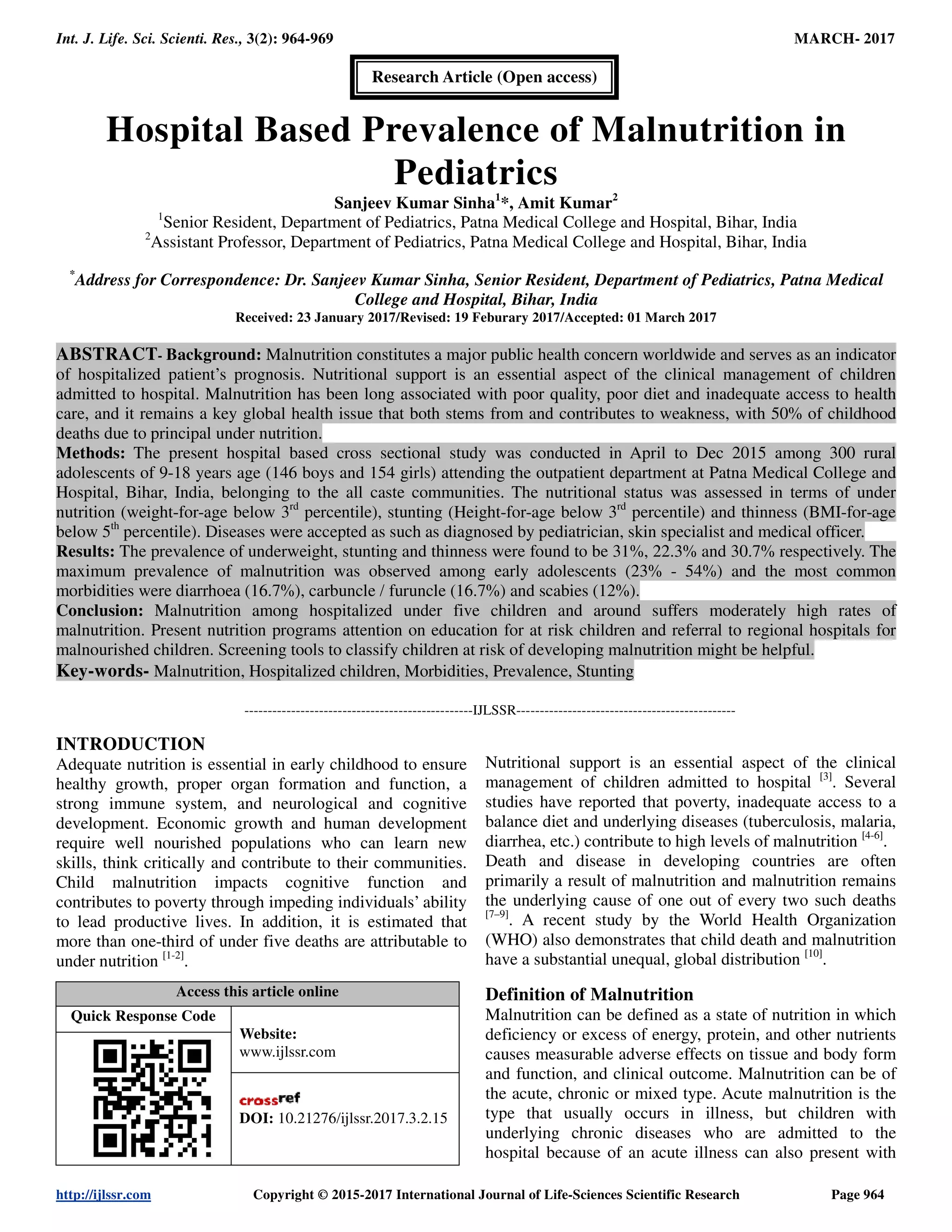 Hospital Based Prevalence of Malnutrition in Pediatrics | PDF