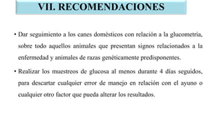 VII. RECOMENDACIONES
• Dar seguimiento a los canes domésticos con relación a la glucometría,
sobre todo aquellos animales ...