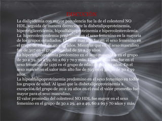DISCUCIÓNLa dislipidemia con mayor prevalencia fue la de el colesterol NO HDL, seguida de manera decreciente la disbetalipoproteinemia, hipertrigliceridemia, hipoalfalipoproteinemia e hipercolesterolemia.La  hipercolesterolemia predomino en el sexo femenino en la mayoria de los grupos estudiados. El valor mas alto fue en el sexo femenino en el grupo de edad de 40 a 49 años. Mientras que en el sexo masculino fue de 307 en el grupo de edad de 50 a 59 años.La hipertrigliceridemia predomino en el sexo masculino en el grupo de 30 a 39, 50 a 59, 60 a 69 y 70 y más. El valor mas alto fue en el sexo femenino de 1159 en el grupo de edad de 50 a 59 años.En el sexo masculino el valor más alto fue de 595 en el grupo de 30 a 39 años.La hipoalfalipoproteinemia predomino en el sexo femenino en todos los grupos de edad. Al igual que la disbetalipoproteinemia a excepción del grupo de 20 a 29 años en el cual el valor promedio fue mayor para el sexo masculino.El valor promedio del colesterol NO HDL fue mayor en el sexo femenino en el grupo de 30 a 29, 40 a 49, 60 a 69 y 70 años y más.