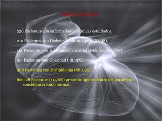 RESULTADOS236 Pacientes con enfermedades crónicas estudiados.210 Pacientes con Diabetes Mellitus tipo 2 (88.98). Pacientes con Hipertensión arterial sistémica (47.45%). Pacientes con Obesidad (38.13%).208 Pacientes con Dislipidemia (88.13%).Solo 28 Pacientes (11.96%) presento lípidos dentro del parámetro considerado como normal.