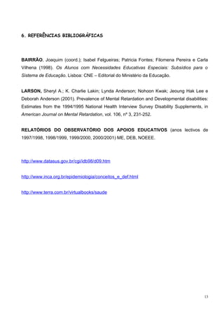 6. REFERÊNCIAS BIBLIOGRÁFICAS




BAIRRÃO, Joaquim (coord.); Isabel Felgueiras; Patricia Fontes; Filomena Pereira e Carla
Vilhena (1998). Os Alunos com Necessidades Educativas Especiais: Subsídios para o
Sistema de Educação. Lisboa: CNE – Editorial do Ministério da Educação.


LARSON, Sheryl A.; K. Charlie Lakin; Lynda Anderson; Nohoon Kwak; Jeoung Hak Lee e
Deborah Anderson (2001). Prevalence of Mental Retardation and Developmental disabilities:
Estimates from the 1994/1995 National Health Interview Survey Disability Supplements, in
American Journal on Mental Retardation, vol. 106, nº 3, 231-252.


RELATÓRIOS DO OBSERVATÓRIO DOS APOIOS EDUCATIVOS (anos lectivos de
1997/1998, 1998/1999, 1999/2000, 2000/2001) ME, DEB, NOEEE.




http://www.datasus.gov.br/cgi/idb98/d09.htm


http://www.inca.org.br/epidemiologia/conceitos_e_def.html


http://www.terra.com.br/virtualbooks/saude




                                                                                       13
 