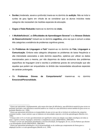 •   Surdez (moderada, severa e profunda) insere-se no domínio da audição. Não se inclui a
    surdez de grau ligeiro em virtude de se considerar que os alunos incluídos nesta
    categoria não necessitam de medidas especiais de educação.


•   Cegos e Visão Reduzida insere-se no domínio da visão.


•   A Multideficiência1, as Dificuldades de Aprendizagem Severas2 e os Atrasos Globais
    de Desenvolvimento3 incluem-se no domínio cognitivo, uma vez que é comum a estas
    três categorias a existência de problemas cognitivos graves.


•   Os Problemas de Linguagem e Fala4 inserem-se no domínio da Fala, Linguagem e
    Comunicação. Embora esta categoria ultrapasse os problemas de baixa frequência e
    alta intensidade associados a este domínio específico, optámos por utilizar os dados
    mencionados para a mesma, por não dispormos de dados exclusivos dos problemas
    específicos da linguagem (oral e escrita) e problemas graves de comunicação que são
    aqueles que podem ser enquadrados no âmbito das necessidades educativas especiais
    de carácter prolongado.


•   Os       Problemas           Graves         de      Comportamento5               inserem-se          no      domínio
    Emocional/Personalidade.




1
  Alunos que apresentam, simultaneamente, pelo menos dois tipos de deficiência: uma deficiência mental de grau severo ou
profundo associada a uma deficiência sensorial (auditiva ou visual) ou a uma deficiência motora também de grau severo ou
profundo (Bairrão et al., 1998).
2
  Alunos que apresentam deficiências ou incapacidades de grau severo que não se incluem em nenhuma das categorias
existentes (surdez, visual, motora) e que se traduzem em necessidades especiais a nível das aprendizagens (Bairrão et al.,
1998).
3
  Crianças entre os 0 e os 6 anos que demonstram um significativo atraso em relação à sua idade cronológica em todas as
áreas: cognitiva; motora, linguagem, autonomia e competências sociais (DEB/NOEEE, 2000/2001)
4
  Crianças e jovens que apresentam perturbações a nível da articulação, da linguagem, da voz, e/ou da fluência que afectam
o seu desempenho escolar (DEB/NOEEE, 2000/2001)
5
  Alunos que apresentam perturbações a nível da personalidade ou da conduta que comprometem de forma grave a
adaptação escolar e as suas aprendizagens (Bairrão et al., 1998).
                                                                                                                           6
 