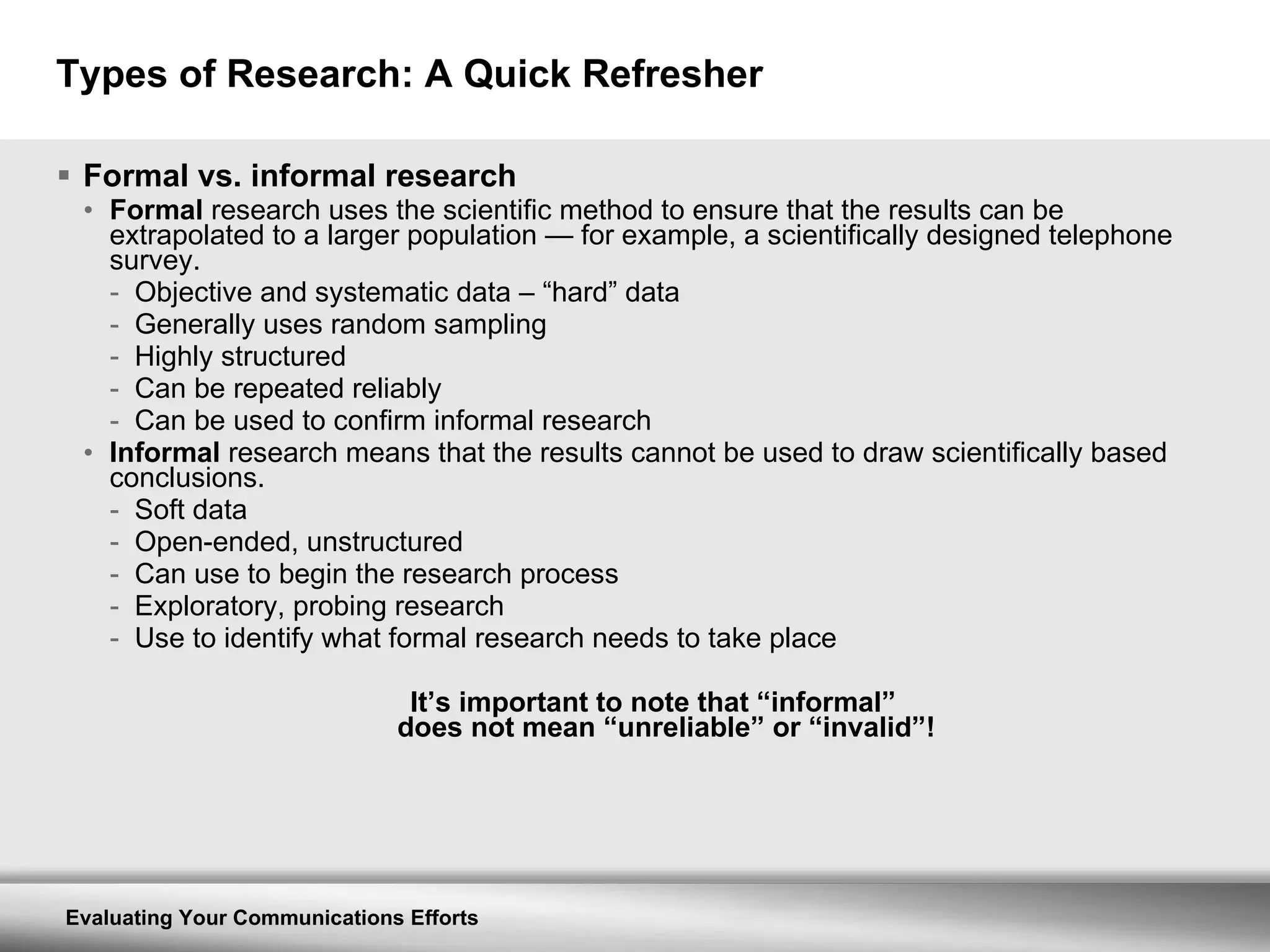 Types of Research: A Quick Refresher Formal vs. informal research Formal  research uses the scientific method to ensure that the results can be extrapolated to a larger population  —  for example, a scientifically designed telephone survey. Objective and systematic data – “hard” data Generally uses random sampling Highly structured Can be repeated reliably Can be used to confirm informal research Informal  research means that the results cannot be used to draw scientifically based conclusions. Soft data Open-ended, unstructured Can use to begin the research process Exploratory, probing research Use to identify what formal research needs to take place It’s important to note that “informal” does not mean “unreliable” or “invalid”! 
