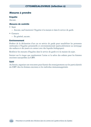 102 Prévention et contrôle des infections dans les centres de la petite enfance du Québec
CYTOMÉGALOVIRUS (infection à)
Mesures à prendre
Enquête
Aucune.
Mesures de contrôle
• Sujet
– Aucune, sauf maintenir l’hygiène à la maison et dans le service de garde.
• Contacts
– En général, aucune.
Environnement
Proﬁter de la déclaration d’un cas en service de garde pour sensibiliser les personnes
intéressées à l’hygiène personnelle et environnementale (particulièrement au nettoyage
des surfaces et des jouets en contact avec des liquides biologiques).
Renforcer les mesures d’hygiène dans le service de garde et à la maison du sujet.
Insister sur le risque que représentent l’urine et la salive des enfants pour les femmes
enceintes susceptibles au CMV.
Suivi
Au besoin, organiser une rencontre pour fournir des renseignements sur les particularités
du CMV chez les femmes enceintes et les individus immunosupprimés.
montage-xpd-02003 4/30/02 11:08 AM Page 102
 