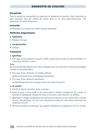 104 Prévention et contrôle des infections dans les centres de la petite enfance du Québec
DERMATITE DE COUCHES
Réceptivité
Tout le monde est susceptible de contracter la dermatite de couches. Cette infection est
plus répandue chez les enfants de moins d’un an et, plus particulièrement, s’ils
présentent des selles fréquentes.
Immunité
La dermatite de couches ne confère aucune immunité.
Méthodes diagnostiques
Æ habituelles
• Examen clinique.
Æ exceptionnelles
• Culture.
Traitement
Æ spéciﬁque
• S’il s’agit d’une dermatite irritative rebelle: application locale de corticostéroïdes 2 à
3 fois/jour pendant 3 jours.
Note
Les corticostéroïdes ﬂuorés sont contre-indiqués parce qu’ils peuvent induire une atrophie
cutanée ou des granulomes.
• S’il s’agit d’une dermatite à Candida albicans:
application locale d’un antifongique (nystatine).
• S’il s’agit d’une dermatite bactérienne:
antibiothérapie par voie topique ou buccale, selon la gravité.
Æ de soutien
• Garder la région périnéale sèche et propre.
• Laver la peau à l’eau tiède et au savon doux à chaque changement de couche, et
assécher en épongeant. Garder les fesses à l’air peut aider dans les cas rebelles.
• Appliquer à chaque changement de couche de la vaseline ou une crème à base d’oxyde
de zinc non parfumée ou, avec une autorisation médicale, une crème contenant des
vitamines A et D.
• Éviter les culottes en plastique qui gardent l’humidité et empêchent l’air de circuler.
montage-xpd-02003 4/30/02 11:08 AM Page 104
 